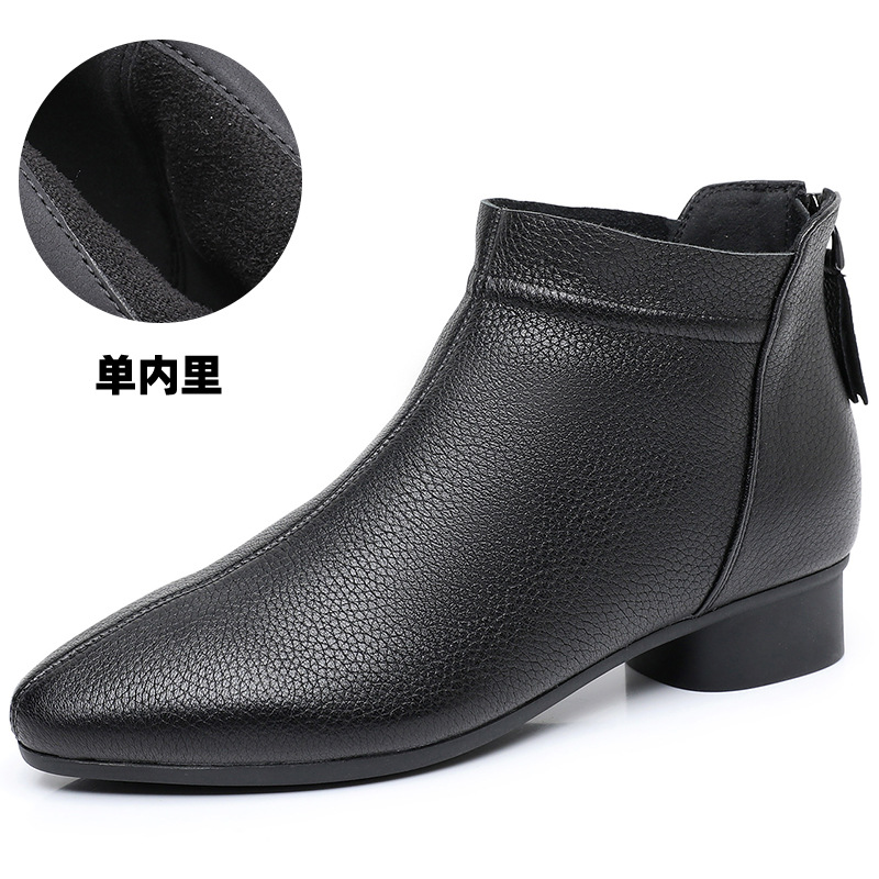 真皮尖头短靴女粗跟软底25秋冬复古单靴休闲马丁靴百搭中跟瘦瘦靴