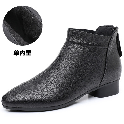真皮尖头短靴女粗跟软底25秋冬复古单靴休闲马丁靴百搭中跟瘦瘦靴