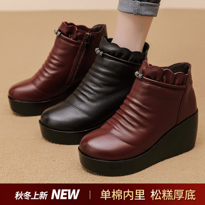 坡跟女靴短靴秋冬新款松糕厚底真皮女鞋增高复古马丁靴棉鞋