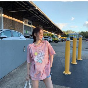 卡通印花夏装韩版新款中长款短袖T恤女宽松学生圆领休闲女装