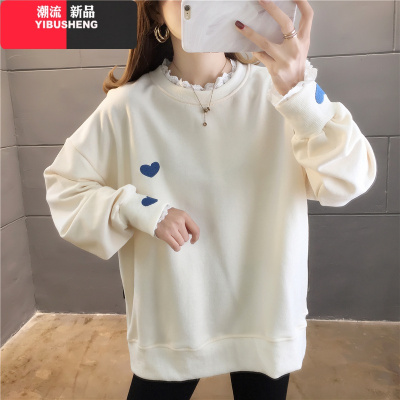 YIBUSHENG春装新款韩版长袖t恤女秋衣外穿宽松蕾丝假两件上衣服打底衫内搭蕾丝衫