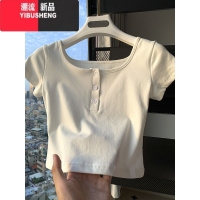 YIBUSHENG季新款方领t恤女短袖纽扣设计感小众修身短款露脐外穿上衣ins