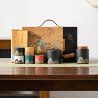 苏氏陶瓷(SUSHI CERAMICS)手绘釉画彩千里江侧把壶五色杯