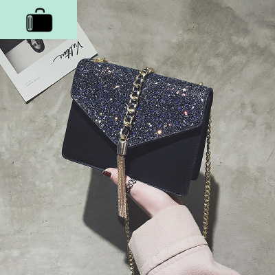 流苏亮片小包包女2020新款潮韩版链条百搭斜挎方包ins超火单肩包NEW LAKE 黑色女士单肩包