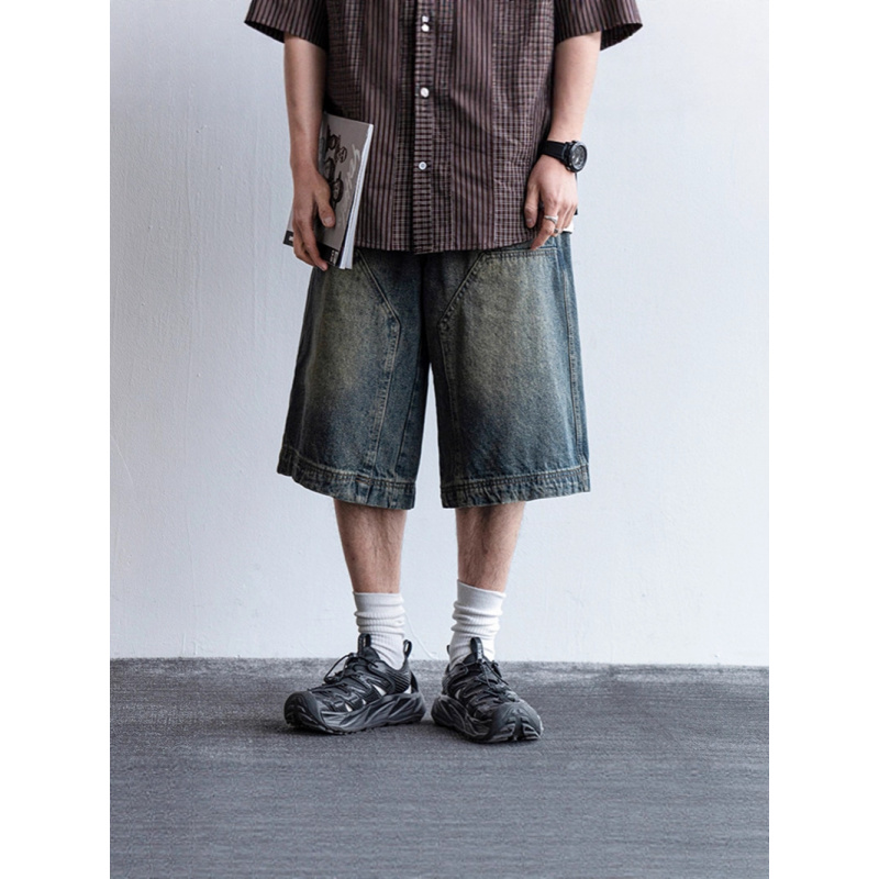 重磅水洗牛仔短裤男美式潮牌复古水洗小众设计直筒阔腿裤