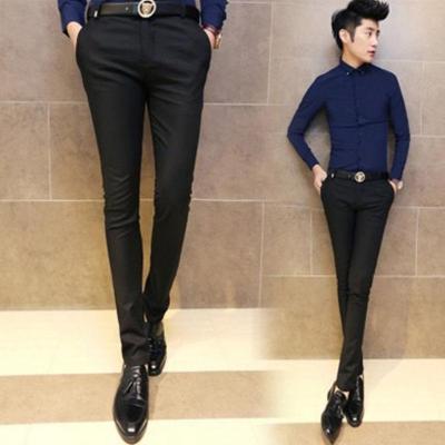 衫伊格(shanyige)2021春秋季韩版修身小脚裤男裤西裤英伦弹力长裤韩版黑色紧身西装裤