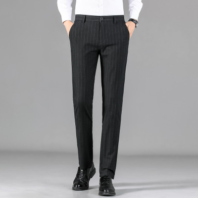 条纹直筒弹力松紧腰休闲裤男士春秋季厚款百搭长裤子商务小脚西