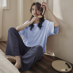 夏季休闲睡衣简约大方纯色款女家居服带胸垫短袖长裤两件套可外穿