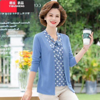 YIBUSHENG中老年波点假两件T恤春装新款气质女装洋气打底衫40岁50妈妈上衣妈妈装