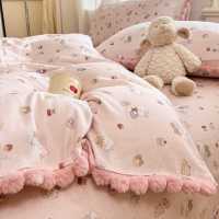 双层纱四件套床品纯棉床单床笠印花宿舍三件套绒球花边款被套