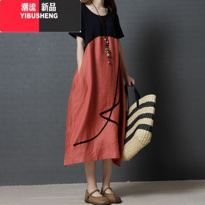 YIBUSHENG2024韩版宽松大码撞色棉麻中长裙子女文艺范短袖亚麻大摆连衣裙