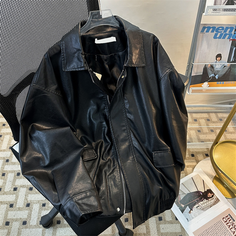 男装春秋新款棕色PU皮衣外套男女同款宽松美式复古机车夹克男上衣