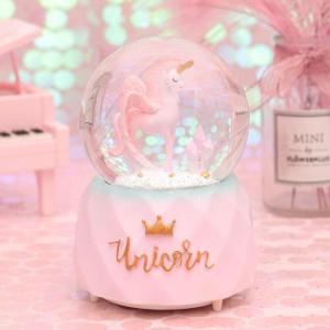 美帮汇花边独角兽飘雪水晶球 灯光音乐粉色桌面摆件 少女心