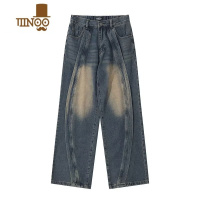 YANXU美式高街oversize拼接牛仔裤男设计感青年宽松直筒阔垂感腿长裤潮