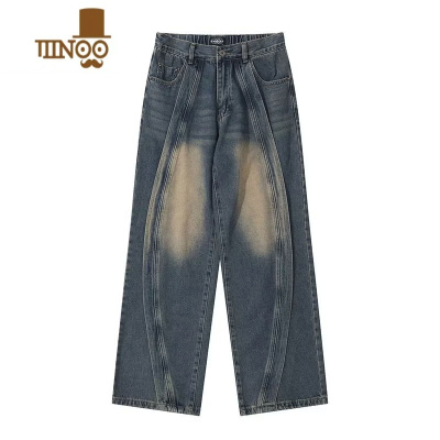 YANXU美式高街oversize拼接牛仔裤男设计感青年宽松直筒阔垂感腿长裤潮