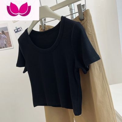 七斓复古bm风显瘦大U领T恤女!夏季显身材短款露脐修身小个子短袖粉色