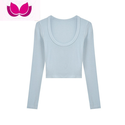 七斓春季辣妹风u领修身弹力露脐长袖t恤性感内搭打底衫上衣女短款小众