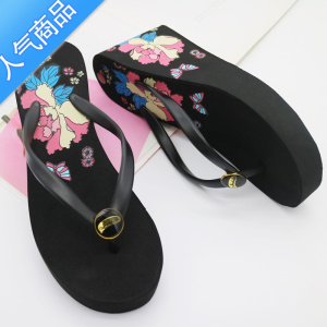 SUNTEK松糕人字拖鞋女夏夹趾印花坡跟沙滩凉拖鞋女厚底高防水台潮女凉鞋