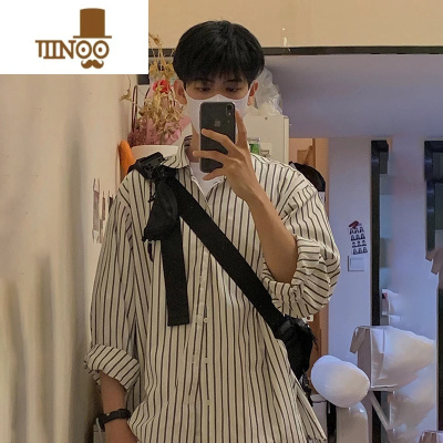 YANXU日系复古细条纹衬衫男ins潮感cityboy长袖衬衣美式少年感外套