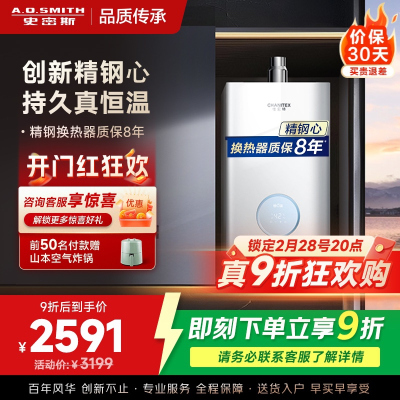AO史密斯佳尼特13升燃气热水器佳尼特 小体积 不锈钢换热器8年包换 恒温大水量 抗风防冻 JSQ26-TCA1