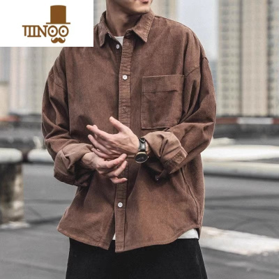 YANXU日系复古灯芯绒长袖衬衫男宽松口袋翻领衬衣耐磨休闲外套