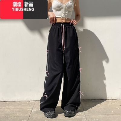YIBUSHENG冰丝速干工装阔腿裤女季薄款美式宽松束脚蝴蝶结直筒休闲裤长裤