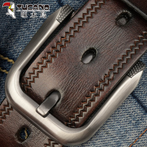 啄木鸟牛皮皮带男真皮青年腰带休闲针扣头裤带男纯手工真皮层压花