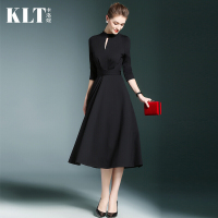 正式场合连衣裙女新款长袖气质修身中长款赫本小黑裙小礼服