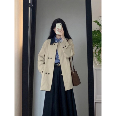 韩版撞色拼接风衣女秋季年新款小个子慵懒风时尚休闲百搭外套
