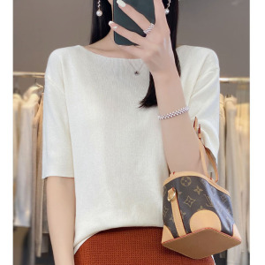 夏装上衣女曲珠冰丝亚麻针织短袖女薄款T恤女一字领背心