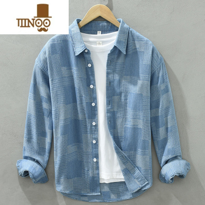 YANXU男士工装牛仔衬衫夹克日系休闲潮流格子衬衣外套上衣服