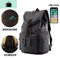 工装男士帆布双肩包初中大学生书包潮流休闲大容量旅行包背包男包NEW LAKE 蓝黑色(USB充电款)