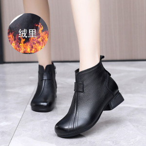 2023秋冬新款真皮妈妈棉鞋圆头拼接低跟大码短靴加绒时装靴女