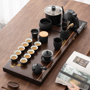 苏氏陶瓷(SUSHI CERAMICS)功夫茶具套装花梨木色茶盘风黑陶茶具自动烧水壶一体整套茶盘茶台