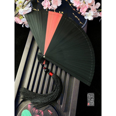 中国风古风和风折扇子小日式全竹工艺扇纯色红迷你男女妖杨同款三维工匠全竹夹暗红扇16CM+水晶小流苏黑