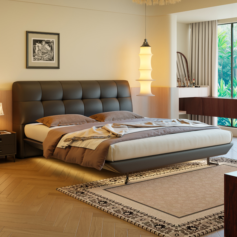 意式真皮床轻奢现代简约双人床主卧室黑色婚床家用软包实木储物床