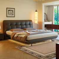 意式真皮床轻奢现代简约双人床主卧室黑色婚床家用软包实木储物床