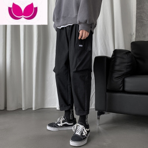 七斓痞风抽绳直筒休闲裤男韩版潮流ins宽松帅气百搭九分工装裤子