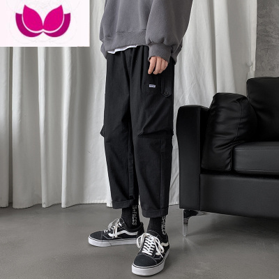 七斓痞风抽绳直筒休闲裤男韩版潮流ins宽松帅气百搭九分工装裤子