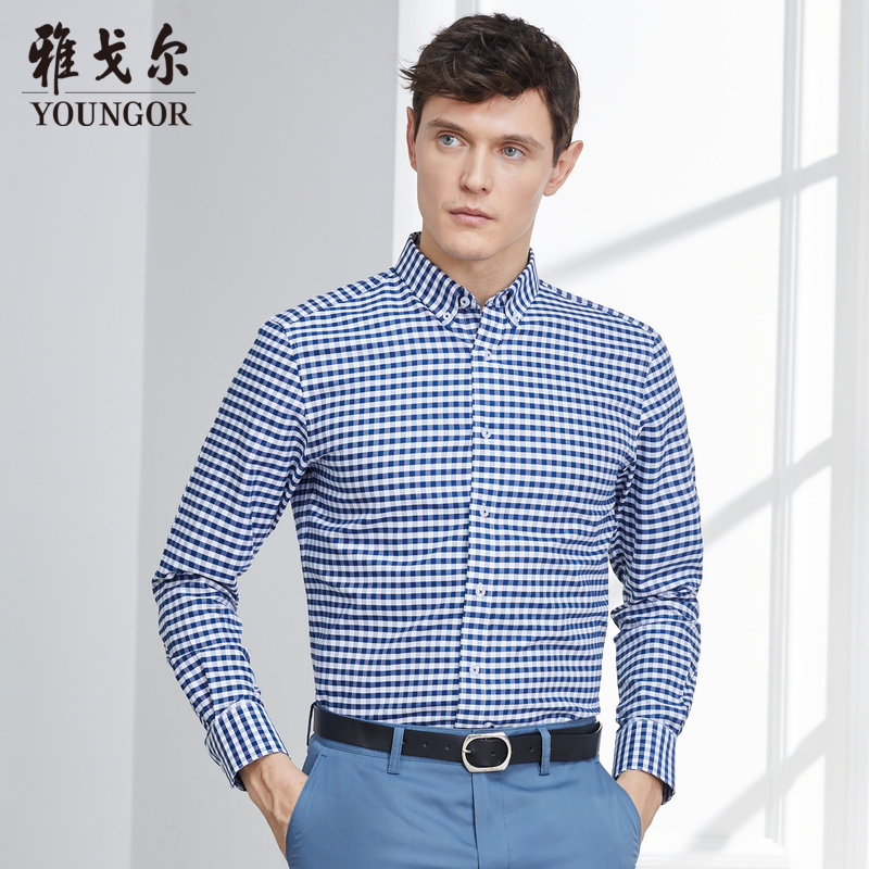 youngor/雅戈尔时尚都市全棉面料 合体剪裁 优雅素色藏青格子衬衫010
