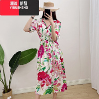 YIBUSHENG棉绸连衣裙女2023年季新款收腰显瘦V领碎花人造棉大摆裙沙滩裙