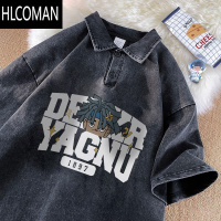 HLCOMAN水洗翻领polo衫短袖男美式复古宽松潮男夏装款半袖体恤衫上衣