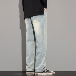 广州潮流男装秋季新款美式宽松怀旧阔腿百搭复古蓝抽绳牛仔裤男生