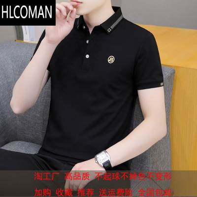 HLCOMAN高品质夏季短袖t恤男装绣花翻领衫纯色冰丝有领体恤上衣