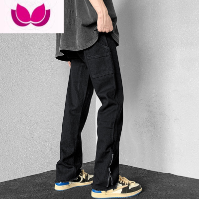 七斓黑色牛仔裤男美式vibe高街潮牌修身显瘦直筒工装拉链长裤子
