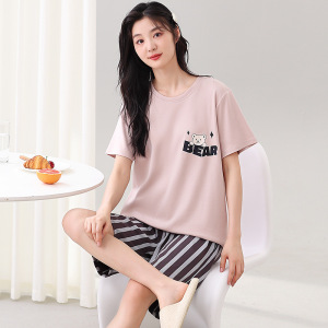睡衣女士夏季纯棉韩版卡通短袖全棉可爱休闲短裤家居服套装可外穿