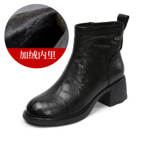 轻奢真羊皮马丁靴女新款秋冬黑色靴子复古厚底粗跟法式短靴女