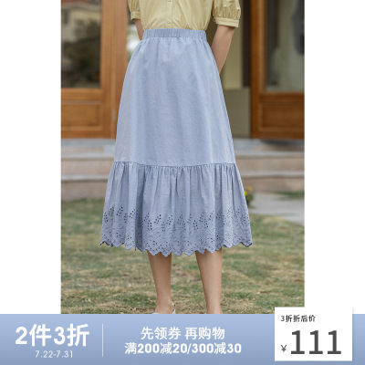 茵曼2021夏装新款褶皱镂空花边裙摆松紧腰带半身长裙仙气文艺百搭1812054-