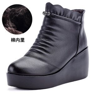 坡跟女靴短靴秋冬新款松糕厚底真皮女鞋增高复古马丁靴棉鞋