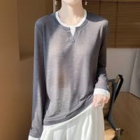 2025年春夏新款精纺半开V领针织衫拼色薄款套头宽松假两件女上衣